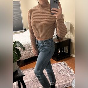 LA Hearts Ribbed Mock Neck Cropped Sweater - Small, Tan